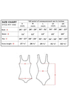 Load image into Gallery viewer, Women&#39;s metallic bodysuit leotard size chart with measurements for bust, waist, hip, and torso length in inches across various sizes.
