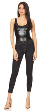 Load image into Gallery viewer, Woman wearing black metallic bodysuit leotard and jeans, showcasing Women&#39;s Gymnastics Dance Party style, made in USA.
