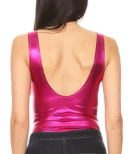 Load image into Gallery viewer, Back view of a woman wearing a shiny pink metallic leotard, paired with dark jeans. Ideal for gymnastics or dance parties.
