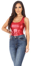 Load image into Gallery viewer, Woman wearing a red metallic bodysuit leotard paired with blue jeans.
