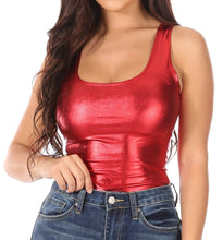 Load image into Gallery viewer, Women&#39;s metallic red leotard top for gymnastics and dance, paired with jeans, showcasing a stylish and shiny outfit.
