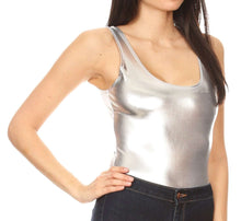 Load image into Gallery viewer, Women&#39;s metallic bodysuit leotard top for gymnastics and dance, shown in silver. Made in USA. Features sleeveless design and form-fitting style.
