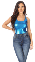 Load image into Gallery viewer, Woman wearing a shiny metallic blue bodysuit leotard top with jeans, showcasing women&#39;s gymnastics dance fashion. Made in USA.
