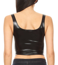 Charger l&#39;image dans la galerie, Back view of a black sleeveless liquid metallic crop tank top, showing its shiny finish and slim fit, made in the USA.

