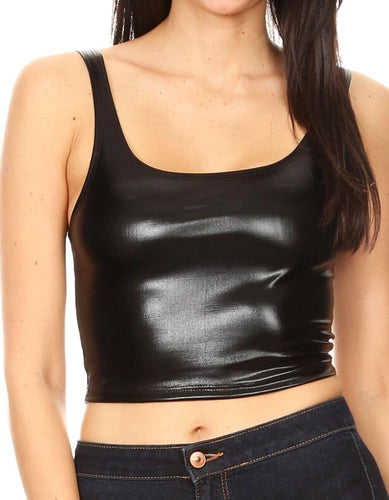 Sleeveless black liquid metallic crop tank top with scoop neckline, paired with jeans, perfect for club wear, made in USA.