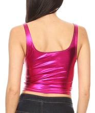Charger l&#39;image dans la galerie, Back view of a pink liquid metallic sleeveless crop tank top, showcasing stretchy fabric and a modern clubwear style.
