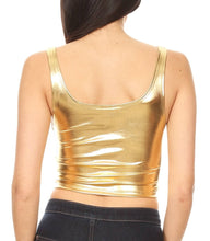 Charger l&#39;image dans la galerie, Back view of a stretchy sleeveless gold metallic crop tank top, made in USA, shown with denim jeans.
