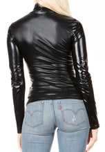 Charger l&#39;image dans la galerie, Back view of the Metallic Liquid Mock Neck Turtleneck Long Sleeve Top, showcasing a stylish, shiny finish. Perfect for modern, chic looks.
