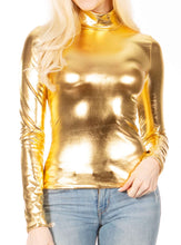 Charger l&#39;image dans la galerie, Gold metallic liquid mock neck turtleneck long sleeve top, worn with jeans, made in USA.
