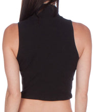 Load image into Gallery viewer, Back view of a black sleeveless mock neck turtleneck scuba crop top, showcasing its sleek design and high neck style. Made in USA.
