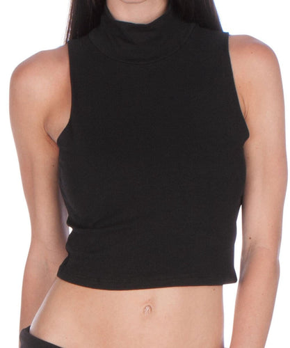 Black sleeveless mock neck turtleneck scuba crop top worn by model, made in USA, highlighting style and fit.