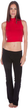 Load image into Gallery viewer, Woman wearing red mock neck sleeveless scuba crop top, paired with black pants, front view.
