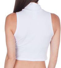 Load image into Gallery viewer, Back view of white mock neck turtleneck sleeveless scuba crop top, showcasing fitted design and high neckline.
