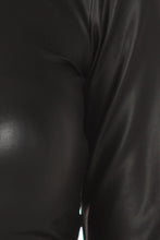 Load image into Gallery viewer, Close-up of matte liquid black mock neck turtleneck crop top sleeve detail, long sleeve design, made in USA fashion item.
