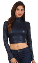 Load image into Gallery viewer, Matte liquid mock neck turtleneck long sleeve crop top worn by model, made in USA.
