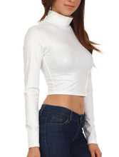 Load image into Gallery viewer, Woman wearing white matte liquid mock neck long sleeve crop top.
