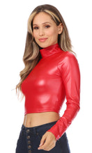 Load image into Gallery viewer, Red matte liquid mock neck turtleneck long sleeve crop top on model, made in USA, showing front and side view.
