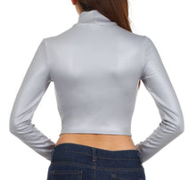 Load image into Gallery viewer, Back view of a woman wearing a matte liquid mock neck turtleneck long sleeve crop top, paired with jeans, made in USA.
