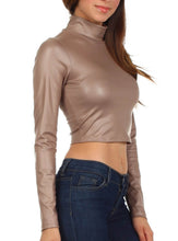 Load image into Gallery viewer, Matte liquid mock neck turtleneck crop top, long sleeve, made in USA, paired with dark jeans. Fashionable and stylish.
