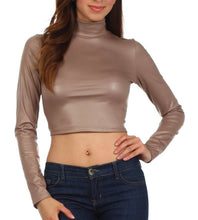 Load image into Gallery viewer, Matte liquid mock neck turtleneck long sleeve crop top, made in USA, modeled with blue jeans against a white background.
