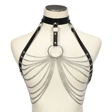 Cargar imagen en el visor de la galería, Goth leather body harness chain bra with intricate chains and bold design, perfect for edgy and gothic style.

