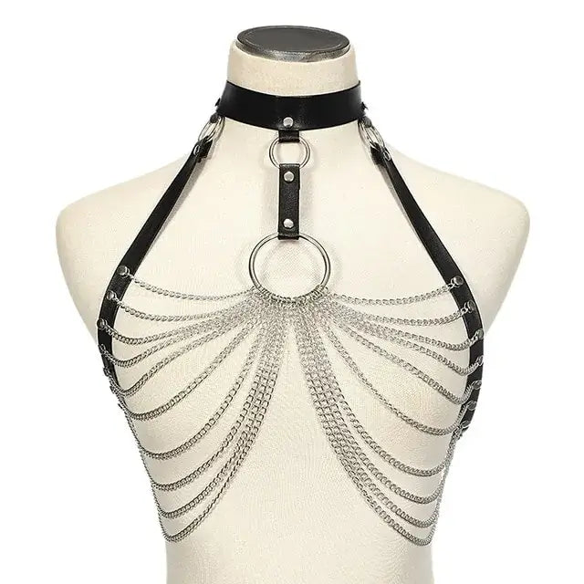 Goth leather body harness chain bra with intricate chains and bold design, perfect for edgy and gothic style.