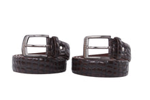 Charger l'image dans la galerie, Two dark brown embossed leather belts with silver-tone metal buckles, arranged side by side on a plain white background.
