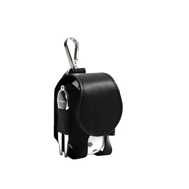 Mini leather golf ball pouch with snap closure and carabiner, holding golf balls and tees, ideal for golfers on the go.