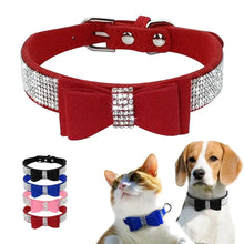 Load image into Gallery viewer, Red adjustable leather bowknot collar with rhinestones for puppies and cats, displayed with various color options.
