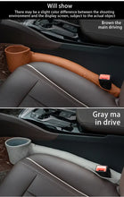 Load image into Gallery viewer, Brown and gray vegan leather car seat gap fillers with cup holders in vehicle interior
