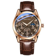 Charger l&#39;image dans la galerie, Luxury men&#39;s quartz watch with brown vegan leather strap, featuring three faux eyes and Roman numerals, ideal for business attire.
