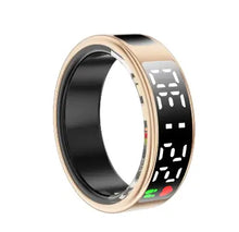 Load image into Gallery viewer, Smart ring with display screen for notifications, fitness tracking, health monitoring, sleek design, wearable on finger.
