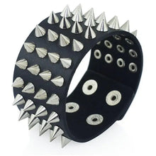 Load image into Gallery viewer, Faux leather bracelet with silver spikes, punk-inspired fashion accessory for a bold, edgy look.
