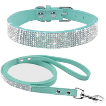 Load image into Gallery viewer, Turquoise leather dog collar and leash set adorned with sparkling rhinestones, offering style and durability for pet accessories.
