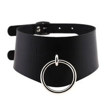 Load image into Gallery viewer, Black leather choker with round silver pendant, elegant and modern design for timeless style and sophistication.
