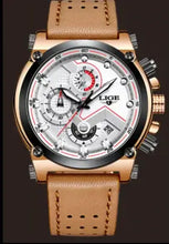 Load image into Gallery viewer, Elegant Lige Watch Edited with detailed dial and brown leather strap, showcasing luxury and precision.
