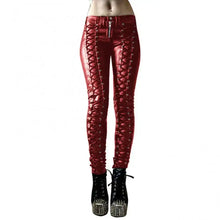 Charger l&#39;image dans la galerie, Red steampunk skinny pants with lace-up detail, vegan leather, edgy fashion, stylish imported apparel for a bold look.
