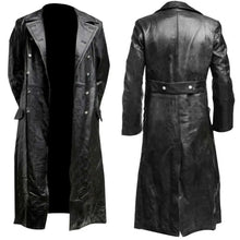 Load image into Gallery viewer, Black leather trench coat with button closure and lapel collar, front and back view, vegan leather jacket for stylish winter wear.
