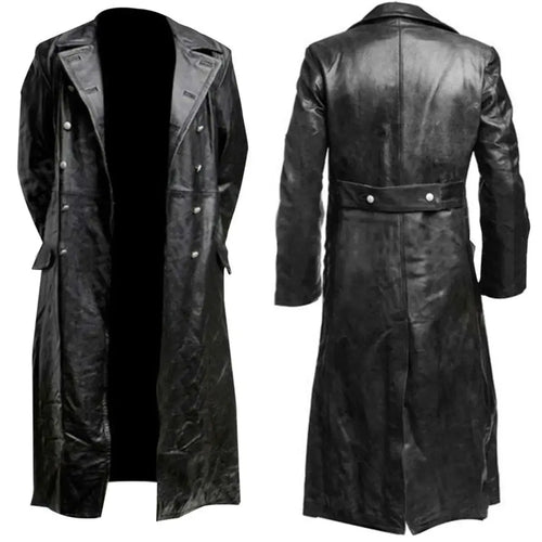 Black leather trench coat with button closure and lapel collar, front and back view, vegan leather jacket for stylish winter wear.
