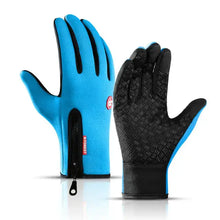Load image into Gallery viewer, Blue waterproof outdoor sports gloves with touchscreen compatibility shown front and back, ideal for winter activities.
