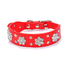 Load image into Gallery viewer, Red leather pet collar with rhinestone flowers, adjustable for puppies and cats, stylish and comfortable design.
