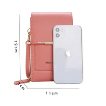 Load image into Gallery viewer, Pink leather crossbody bag with smartphone, dimensions 19cm x 11cm, showcasing versatile design and compact size.
