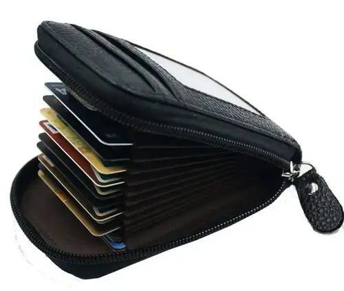 Open lightweight premium leather card protector showcasing multiple card slots and sleek design, emphasizing functionality and style.