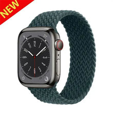 Load image into Gallery viewer, Braided nylon strap for Apple Watch Series 7 in dark green, compatible with 38mm to 45mm models, featuring a new flexible design.
