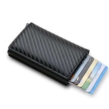 Load image into Gallery viewer, RFID Black Trifold Vegan Leather Slim Wallet with cards inside, ideal for secure and organized everyday carry.
