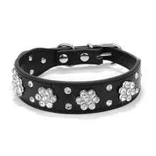 Load image into Gallery viewer, Luxurious black leather pet collar with sparkling rhinestone floral designs.
