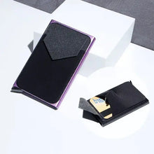 Load image into Gallery viewer, RFID Black Magic trifold vegan leather slim wallet with card holder, showcasing sleek design and secure storage for essentials.
