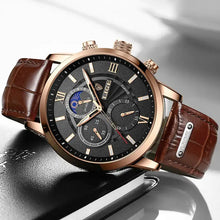 Load image into Gallery viewer, 2023 LIGE luxury men&#39;s watch with brown vegan leather strap, black dial, and chronograph function, perfect gift in box with warranty.
