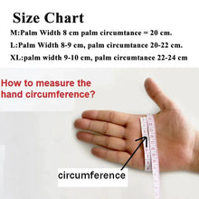 Load image into Gallery viewer, Hand measuring circumference with size chart for tactical gloves, including measurements for M, L, and XL sizes.
