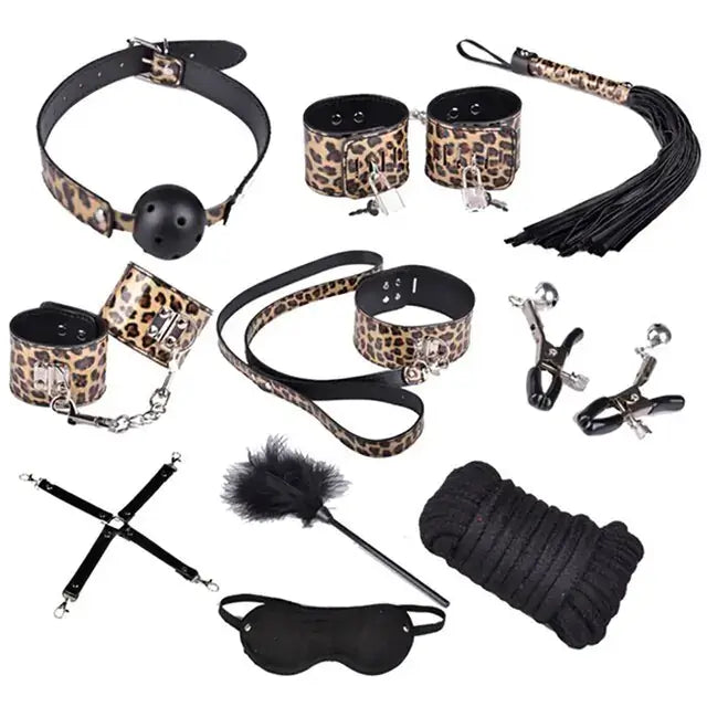 10-piece leopard print vegan leather bondage set with cuffs, blindfold, ball gag and whip for BDSM play.